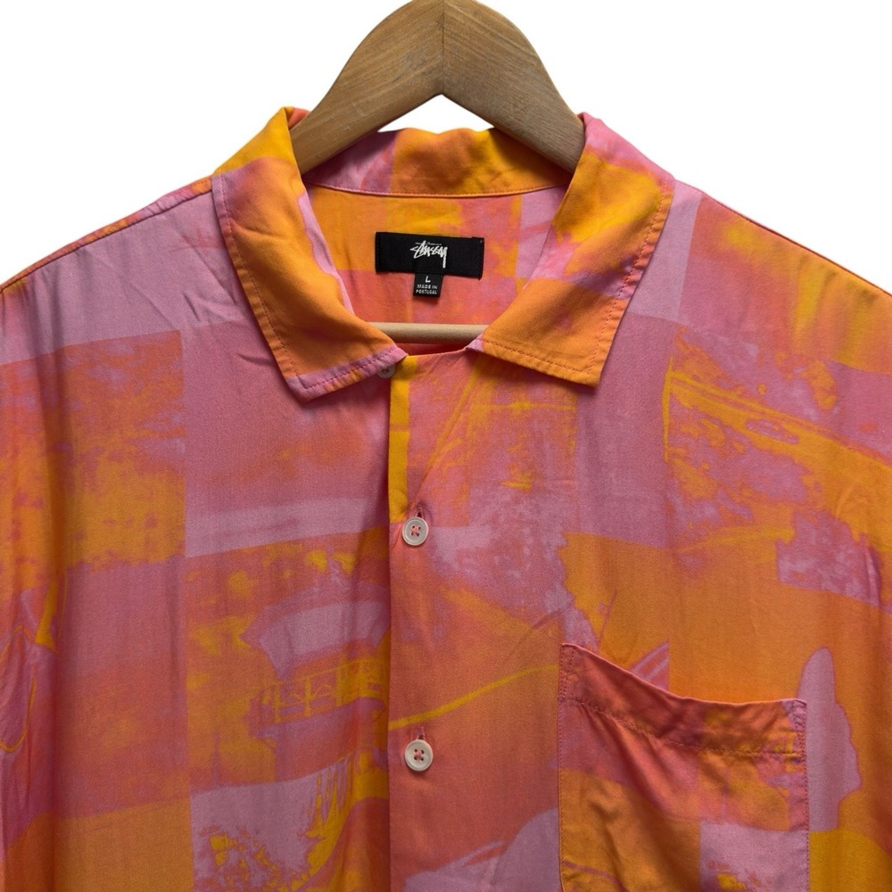 Stussy Men's Large Pink/Orange Floral Palms Viscose Button Front Hawaiian Shirt